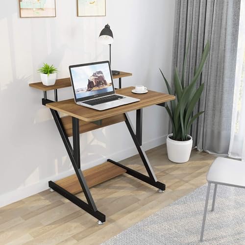 Dripex Computer Desk for Small Spaces, Z Shaped Small Computer Desk, 27.5 inch Compact Desk with Monitor Shelf and Bottom Storage Shelves, Space Saving Desk, Walnut - color: Walnut
