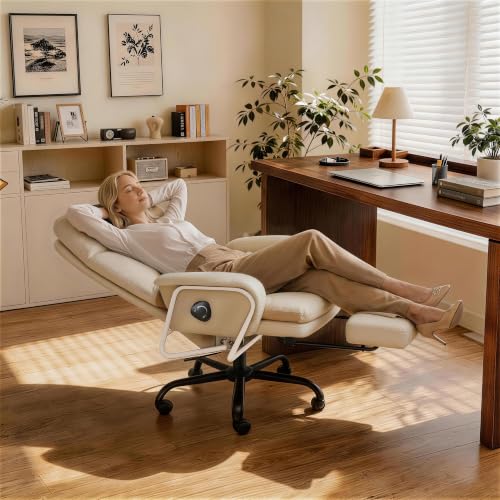180° Reclining Office Chair with Footrest, PU Leather, Beige - color: Beige