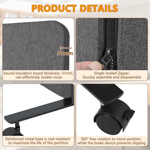 Soundproof Room Divider with Wheels, 66in Acoustic Room Divider Panel, 3 Panel Office Partition Wall for Noise Cancelling, Portable Temporary Wall Cubicle Divider (Dark Gray) - color: Dark Gray