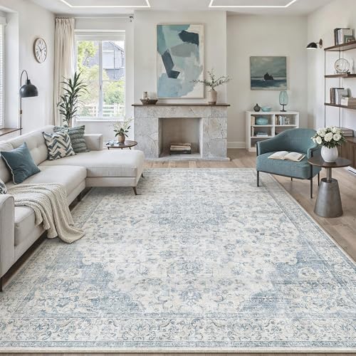 PureCozy 7x9 Area Rug Washable Neutral Blue Vintage Floral - color: Vintage | Blue, size: 7' x 9' (Rectangular)