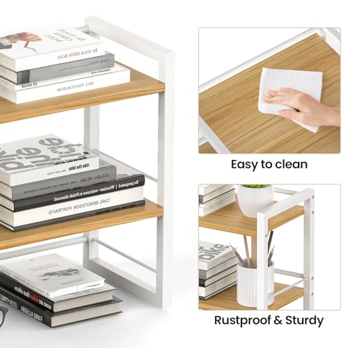 Office Desk Shelf Organizer, Wood Desktop Bookshelf Supplies Storage Rack, Shelf for Top of Desk and Dresser (White-2 Tier) - color: White