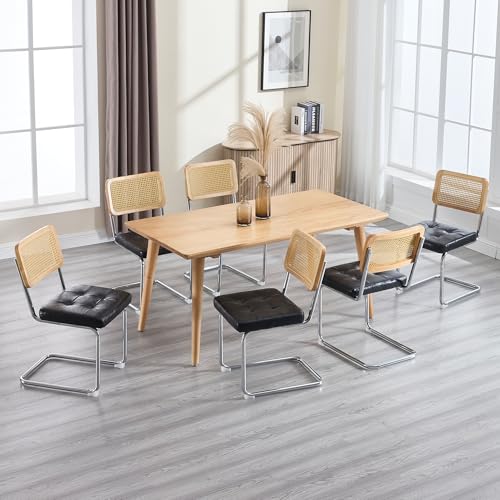 KCC Modern Dining Chairs Set of 2, Faux Leather Rattan Chair,Black | Mid Century Kitchen Side Chairs with Metal Legs and Upholstered Seat for Dining Room,Living Room,Bedroom,Silver Legs - color: Black+silver Legs, size: Set of 2
