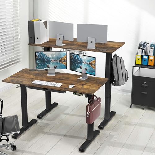SHW 48-Inch Electric Height Adjustable Standing Desk w/Drawer, Rustic Brown - color: Rustic Brown, size: 48-Inch