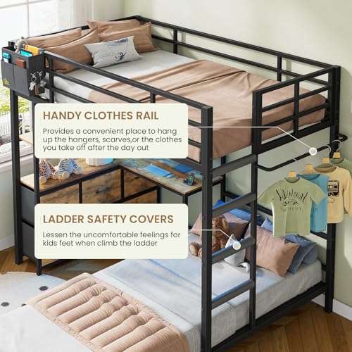 DICTAC Bunk Bed with L-Shaped Desk,5 Storage Drawers and 2 Shelves Metal Twin XL Over Twin Bunk Bed with LED Lights and Charging Station,bunk Beds with Safety Guardrail & Ladder,Space-Saving,Black - color: Black, size: Twin XL Over Twin
