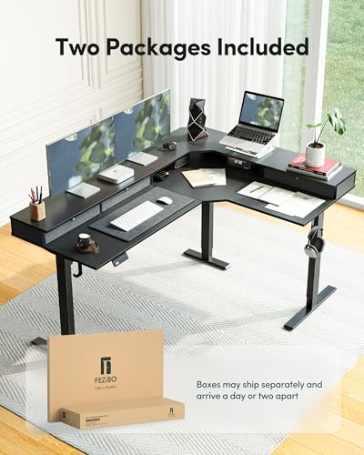FEZIBO L Shaped Electric Standing Desk, 63 x48 inch Large with Drawers | Reversible Tabletop, 2 Memory Height Settings | Home Office & Gaming Height-Adjustable Table, Black Top/Black Frame(2 packages) - color: Black, size: 63"x48"
