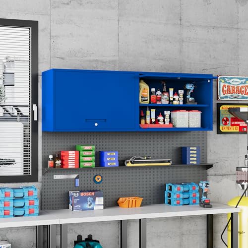 Fesbos Metal Storage Cabinet Blue Wall Cabinets with Shelf and Locking Door - Wall Mounted Storage Cabinet for Garage Warehouse Home Office - Assembly Required - color: Blue, size: 15.7"D x 31.5"W x 21.6"H