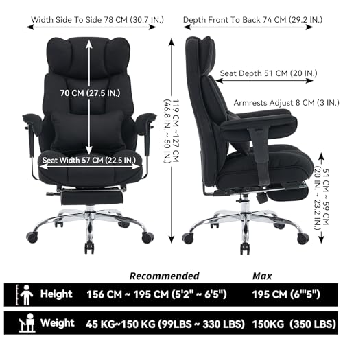 Efomao Executive Office Chair, Mesh Black Fabric Big and Tall Desk Chair | Breathable fabric, pocket spring & foam seat, retractable footrest, 135° recline for computer gaming setup - color: 3084mus-black