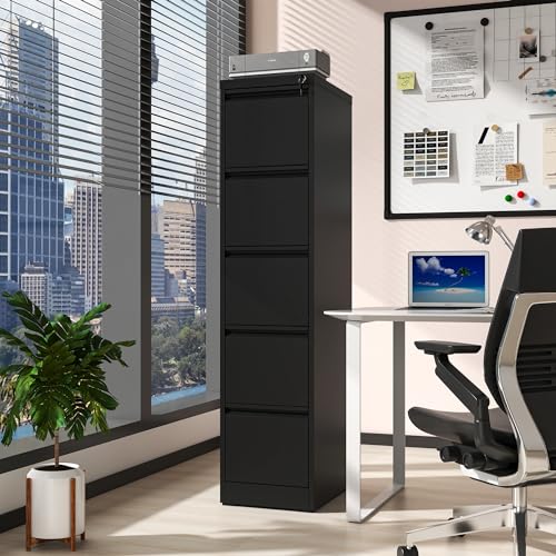 5 Drawer File Cabinet with Lock, 18" D Metal Vertical File Cabinets, Steel File Storage Cabinets for Home Office, Hanging A4 Legal/Letter Size Narrow Filing Cabinet, Assembly Required - color: Black, size: 5 Drawers