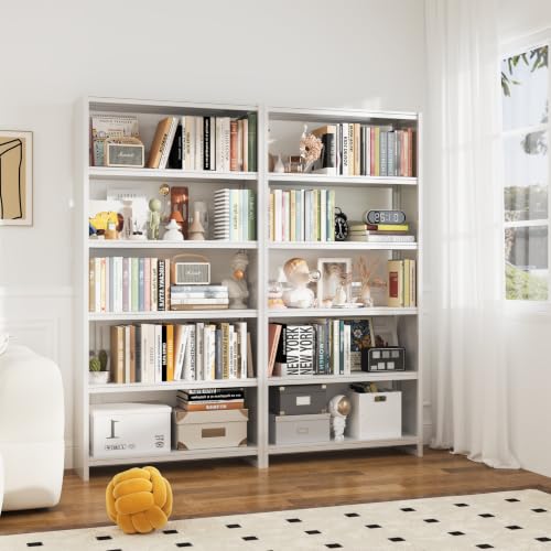 69" 5 Tier Metal Bookcase, Sturdy Storage Bookcase Book Stopper (White) - color: White, size: 69"H*34"W