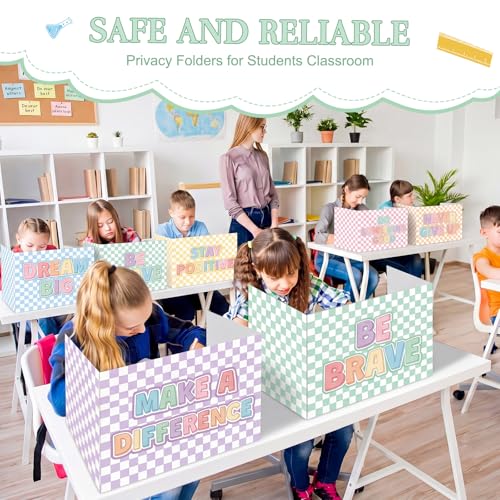 Honoson 24 Pcs Inspirational Privacy Folders for Students | Cardboard Desk Shields with Motivational Words, 6 Designs for Classroom Study, Tri-fold Exam Dividers, Bulk Test Boards - style: Pastel Checkerboard
