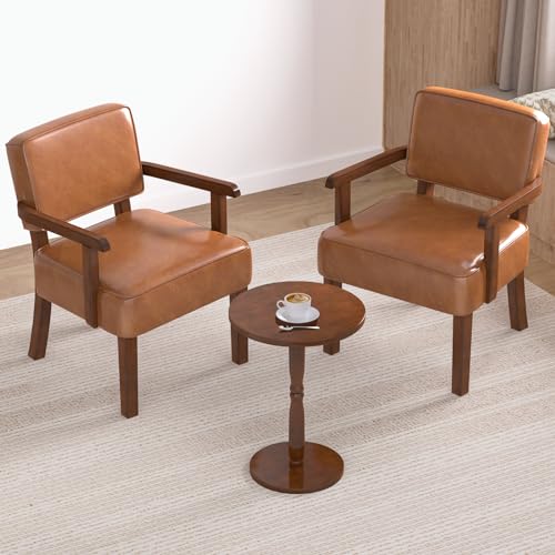 FAGAGA Accent Chairs Set of 2, 2 Solid Wood Armchairs with Side Table | Faux Leather Chair with Soft Thicken Cushion, Comfy Reading Chair for Bedroom, Waiting Room, Home Office, Easy Assembly - color: Faux Leather Brown, size: Set of 2 with table