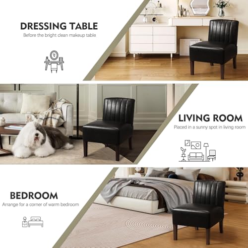 VIRRMO Armless Accent Chairs Set of 2 Upholstered Dining Chairs Living Room Chairs with Solid Wood Legs Bedroom Chair Leather Reading Chair Comfy Chair for Bedroom Vanity Kitchen (Black) - color: Leather-black