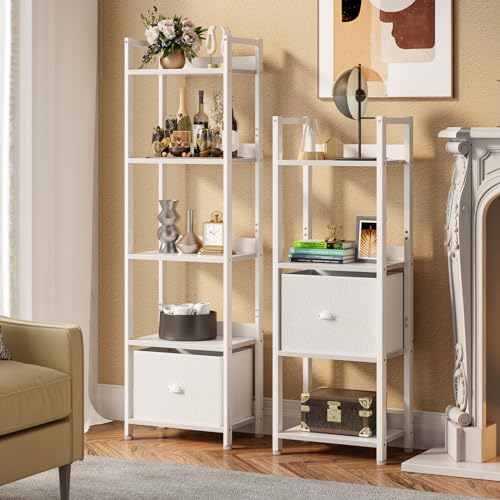 Furologee 5 Tier Bookshelf with Drawer, Tall Narrow Bookcase with Shelves, Wood and Metal Book Shelf Storage Organizer, Modern Display Standing Shelf Unit for Bedroom, Living Room, Office, White - color: White, size: 5 Tier -1 PCS