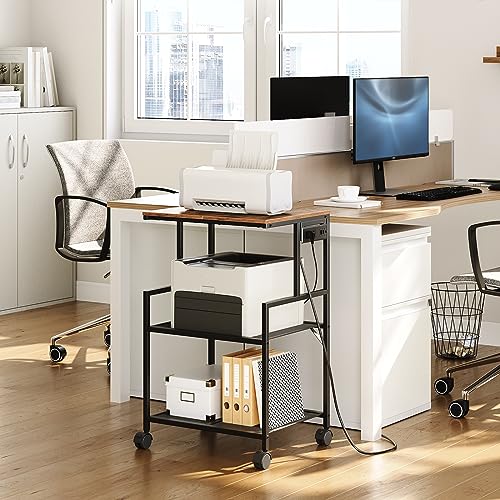 MAHANCRIS Mobile Printer Stand, 3-Tier Industrial Printer Cart with Power Outlets and 2 USB Ports, Rolling Printer Table on Wheels for Home Offices Kitchen Organization Rack, Rustic Brown PTHR78E01 - color: Rustic Brown