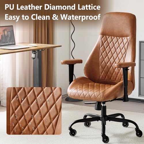 YFO Home Office Desk Chair High Back Office Rubber Casters Ergonomic Computer Chair with Lumbar Support Adjustable Height Rolling Swivel Chair Executive Task Armrests๏ผ Brown Leather - color: Brown, size: High Back