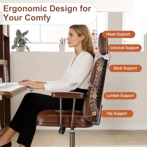 Mid-Century Modern Ergonomic Office Chair, High Back Headrest, Brown | Faux Leather Executive Desk Chair, Walnut Bentwood & Adjustable Headrest, Swivel Computer Chair for Home Office, 300LBS Cap - color: Brown, size: High Back Style