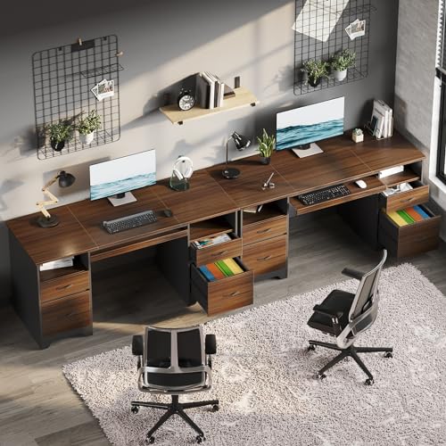 Bestier 59” Computer Desk with 4 Drawers, Office Desk with Storage, Industrial Executive Desk with File Drawer, Keyboard Tray & 2 Pedestals for Home Office & Studio, Cherry - color: Cherry