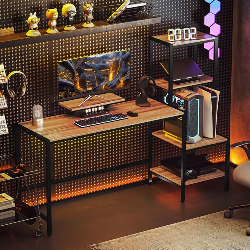 HOMCOM 67" Gaming Desk Reversible Computer Desk for Home Office Brown | Monitor Stand, 4-Tier Storage Shelves
