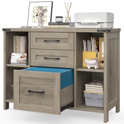 Vabches File Cabinet with 3 Drawers, Farmhouse Lateral File Cabinet Fits Files Letter/A4 Size, Wooden Filing Cabinet with Adjustable Shelves Printer Stand for Home Office, Grey - color: Grey