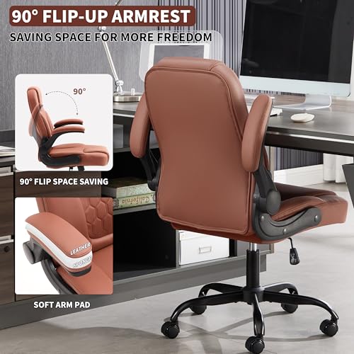 Leather Office Chair Swivel Lumbar Support for Short People Brown - color: Brown