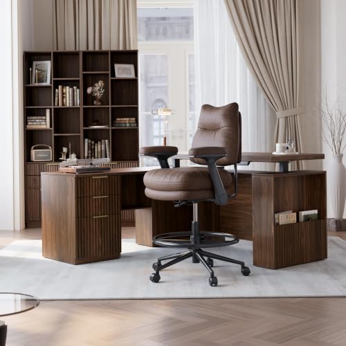Drafting Chair, Tall Leather Office Desk Chair, Vintage Brown | Extra Thick Cushion, Padded Flip-Up Armrests, Mid-Back Cushioned Seat, 360° Swivel Rolling Computer Desk Chair - size: Extra Thick