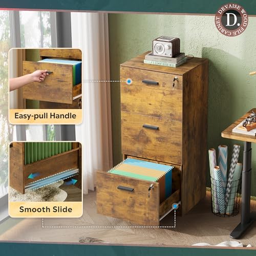 DEVAISE 3 Drawer File Cabinet with Lock, Wood Printer Stand, Rustic Brown - color: Rustic Brown