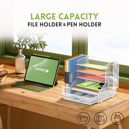 5-Tier Desk Organizer with File Holder & Pen Holder & Sliding Drawer, White - color: White