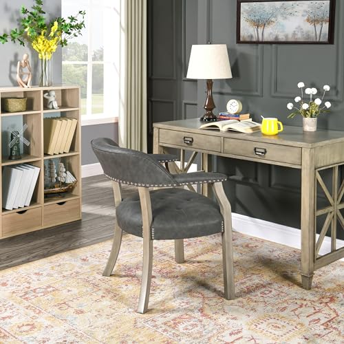 LEEMTORIG Faux Leather Dining Chair with Arms, Solid Wood Dining Chair with Supportive Back, Accent Poker Chairs, Boss Caption's Chairs Office Desk Chairs, Soft Grey Legs & Dark Grey PU CY-NX173-DG - color: Soft Grey Legs & Dark Grey Pu, size: Set of 1