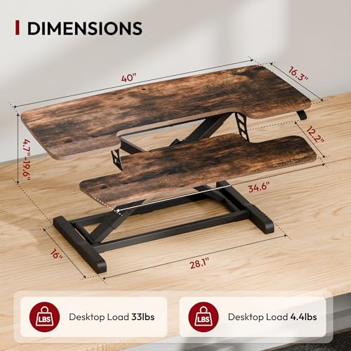 SANODESK 40" Standing Desk Converter, Effortless Lift Sit-Stand Desk Riser for Dual Monitors, Large Ergonomic Computer Workstation Tabletop, Rustic Brown - color: Rustic Brown, size: 40"