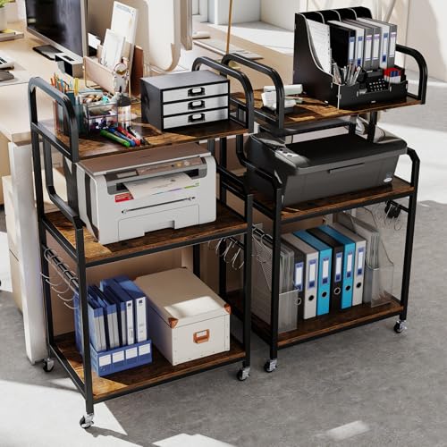 GIANTEX 3-Tier Rolling Printer Stand with Storage Shelves, 10 Hooks & Locking Wheels, 24"x16"x43.5" Heavy-Duty Tall Printer Table for Shredder Scanner Fax, Home Office Storage Organization (Brown) - color: Rustic Brown, size: 24"x16"x43.5"