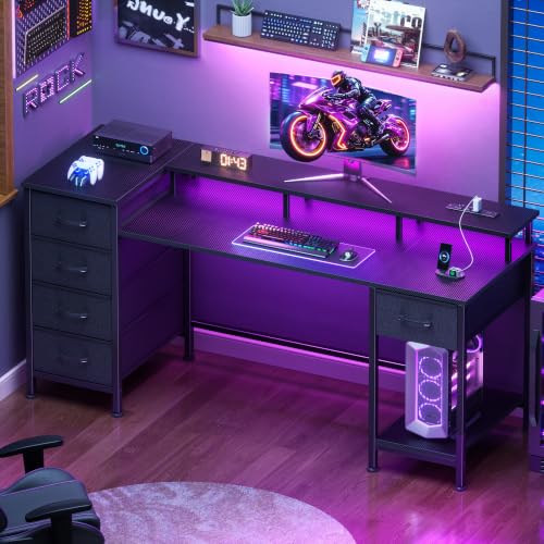Korfile 55 Inch Gaming Computer Desk with Power Outlets,LED,5 Drawers,Black - color: Black, size: 55 Inch