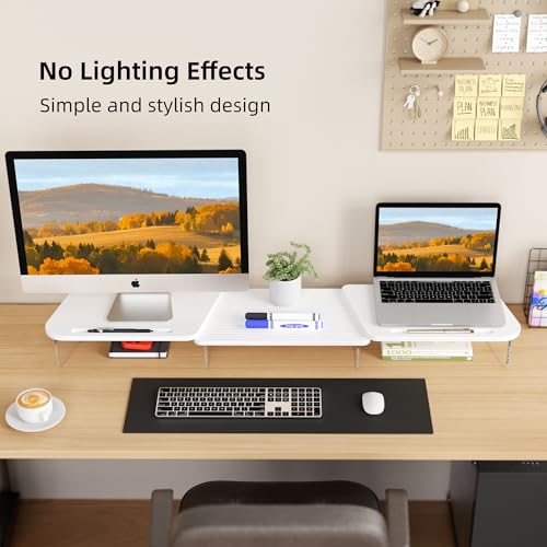 AFOOYO LED Dual Monitor Stand Riser for 2 Monitors,Office Desktop Wooden Stand Adjustable Length and Angle 3 Shelf,Extra Long Multifunctional Stand up to 39.3" for Computer,Laptop,TV,White