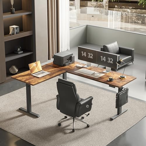 Agilestic 73 x 61 Inch L Shaped Electric Standing Desk, Rustic Brown - color: Rustic Brown, size: 73x61 Inch