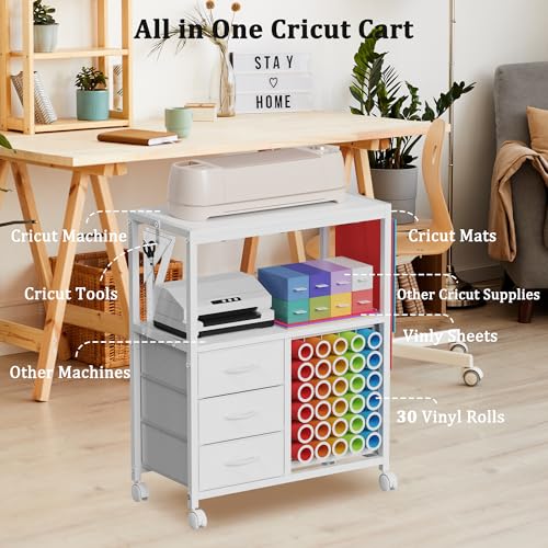 30 Vinyl Roll Holders for Cricut Cart, Rolling Craft Cart with 3 Fabric Drawer, Craft Organization and Storage Compatible with Cricut Maker Machine, Crafting Table Workstation, White, Patent Pending - color: White, size: Large