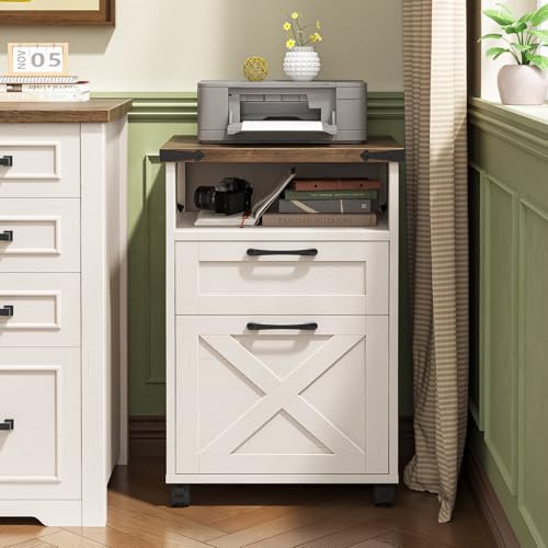 Vabches Office Filing Vertical Cabinet with 2 Drawers, Unique White | Farmhouse Filing Cabinet with Open Storage Space, Wheels and Printer Stand for Hanging Files Letter/A4 for Home Office. - color: Unique White, style: Vertical