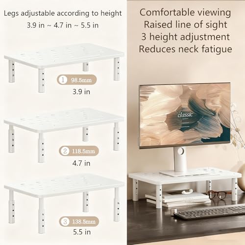 Monitor Stand Riser for Desk, 3 Height Adjustable (3.9/4.7/5.5 Inch) Heavy Duty Carbon Steel + PE Computer Stand, Ergonomic Laptop Riser, For PC Printer Dual Screens – 14.6 x 9.1 Inch White - color: White