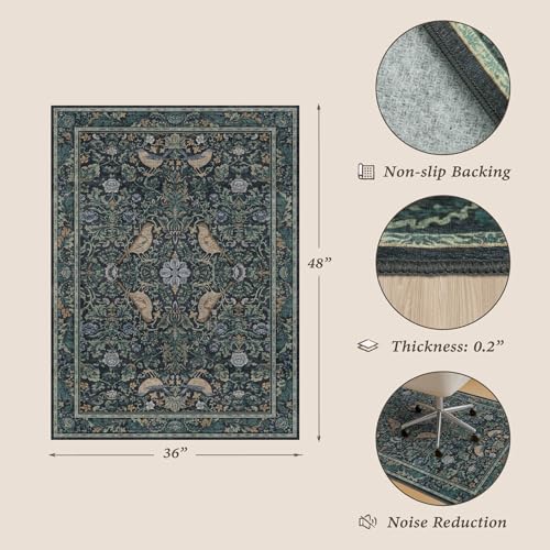 Blue & Green Botanical Office Chair Mat for Hardwood Floors, 36" x 48" Decorative Desk Chair Rug, Vintage Low Pile Washable Carpet for Home Office, Non Slip Backing, Floor Protector for Rolling Chair - color: Bird - Blue, size: 3' x 4'