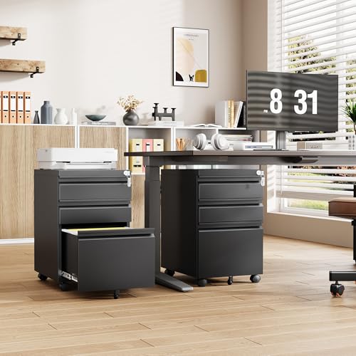 3-Drawer File Cabinet with Lock, Mobile Filing Cabinet, Fully Assembled - color: Black, size: 14.6"W x 24.4"H x 17.3"D - F