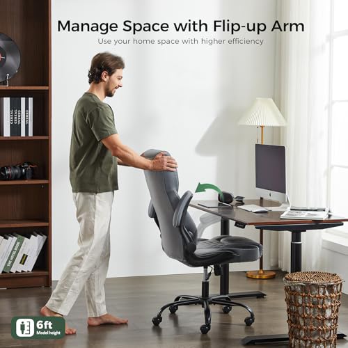amseatec Big and Tall Office Chair, Flip-Up, Executive Desk Chair, Grey | Ergonomic Leather High Back, Lumbar Support, 90 °Lock, 115° Tilt, 20 Spring Packs, 300lbs Capacity, Wide Seat/Smooth Casters - color: Grey
