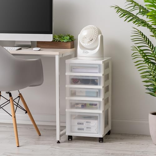 IRIS USA 5-Drawer Rolling Storage Cart with Organizer Top, White/Clear