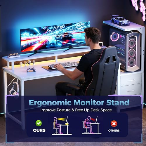 59" Reversible Gaming Desk with LED Lights Power Outlets, White | Computer Desk with Drawers Can be Used to Store Odds and Handles, Elevated PC Stand To Help You Showcase Your DIY Cases. - color: White, size: 60 In