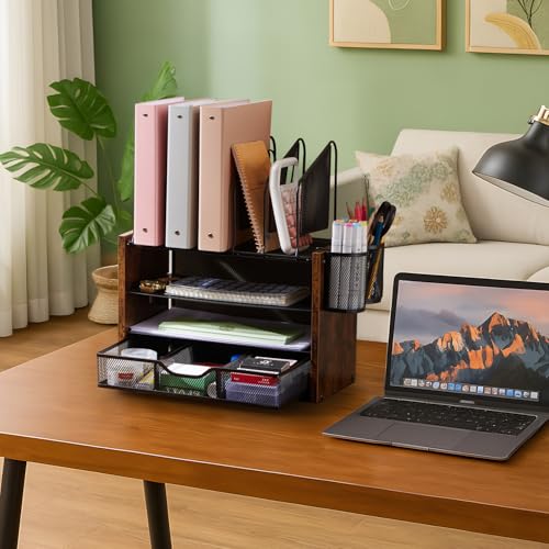 4-Tier Desk Organizer with Drawer, Wooden Mesh File Organizer with 5 Vertical Sorters & 2 Pen Holders, Multi-Functional Desktop Organizer for Home, Office & School