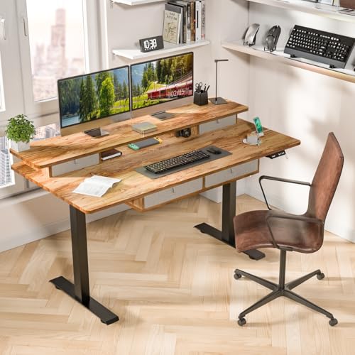 Kingant Electric Standing Desk with 4 Drawers, Height Adjustable 63"x 30" - color: Light Rustic Brown, size: 63" x 30"