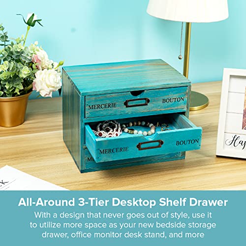 Turquoise 3-Tier Drawer Unit - European Country Style Desk Organizer Box - 9.7x7x7.5" Wooden Teal Stackable Drawers - Countertop Organizer Drawers w/Label Holder - Triple File Drawer Unit - style: 3 Drawer I 7.5"