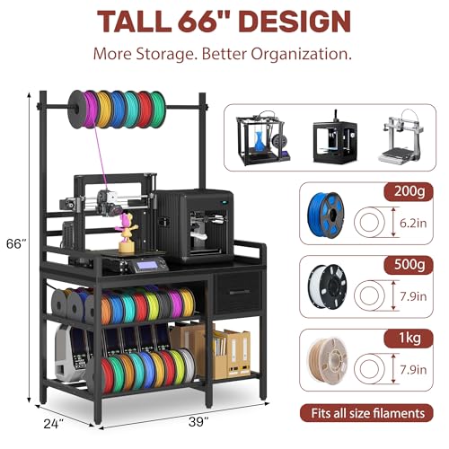 3D Printer Stand with Filament Storage – Tall 66" Heavy Duty Metal 3D Printer Table with Power Hub, Drawer & X-Bracket Stability for Workshop, Studio, Office - color: Black, size: 39.4" x 24" x 66.3" H