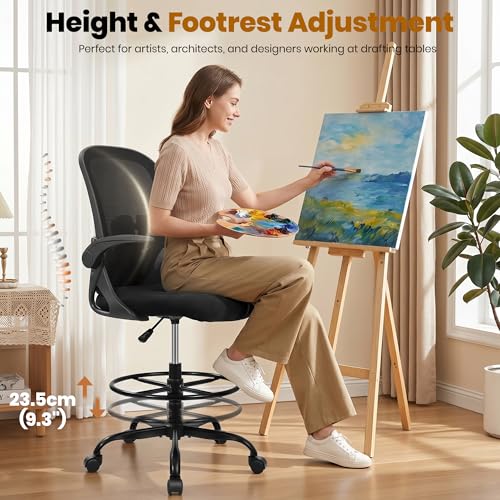Drafting Chair Tall Office Chair with Flip-up Armrests Executive Ergonomic Computer Standing Desk Chair with Lumbar Support and Adjustable Footrest Ring (Black) - color: Black, size: 934-Z