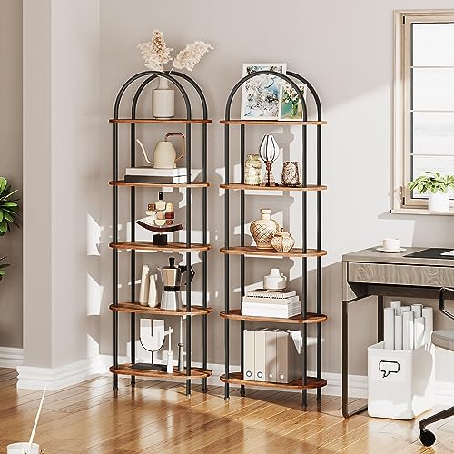 HOOBRO 5 Tier Open Bookshelf, Industrial Arched Bookcase Display Shelf Rack, Wooden Bookcase Storage Shelf Metal Frame, Tall Storage Organizer for Home, Easy Assembly, Rustic Brown BF176SJ01 - color: Rustic Brown