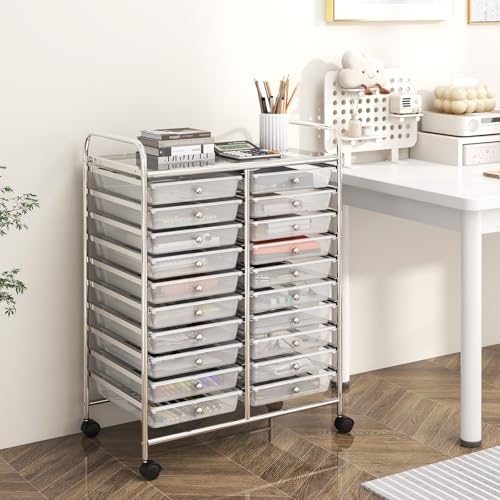RELAX4LIFE 20 Drawer Rolling Storage Cart, Mobile Rolling Cart w/Drawers for School Classroom Teacher Office Home Salon, Paper File Art Supply Craft Organizer, Utility Cart on Wheels (Clear) - color: Clear, size: 35''
