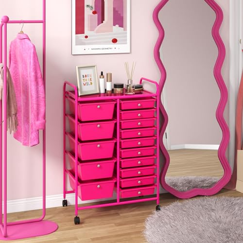 Giantex 15 Drawers Rolling Cart, Classroom Organizers, Storage Cart with Wheels, for Teacher Office Home School Supplies Tool Craft Art Paper - color: Hot Pink, size: 15 Drawers (5 Big +10 Small)