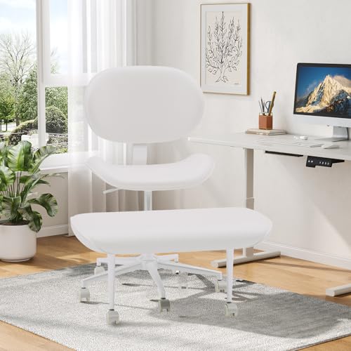 Cross Legged Office Chair with Wheels for ADHD, Ergonomic 360° Swivel Height-Adjustable Meditation Chair for Yoga, Wide Kneeling Chair with Strong Lumbar Support, PU Leather, Off White - color: Off White-pu